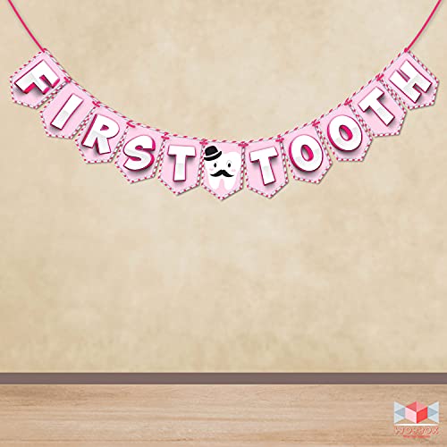 WOBBOX First Tooth Pink 13 Pcs Party Props With Bunting Banner, Pink & White Stylish Font, Balloons & Foil Curtain Decoration - Image 4