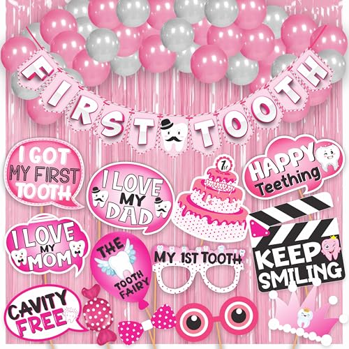 WOBBOX First Tooth Pink 13 Pcs Party Props With Bunting Banner, Pink & White Stylish Font, Balloons & Foil Curtain Decoration - Image 1