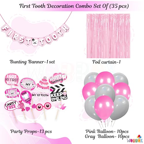 WOBBOX First Tooth Pink 13 Pcs Party Props With Bunting Banner, Pink & White Stylish Font, Balloons & Foil Curtain Decoration - Image 2