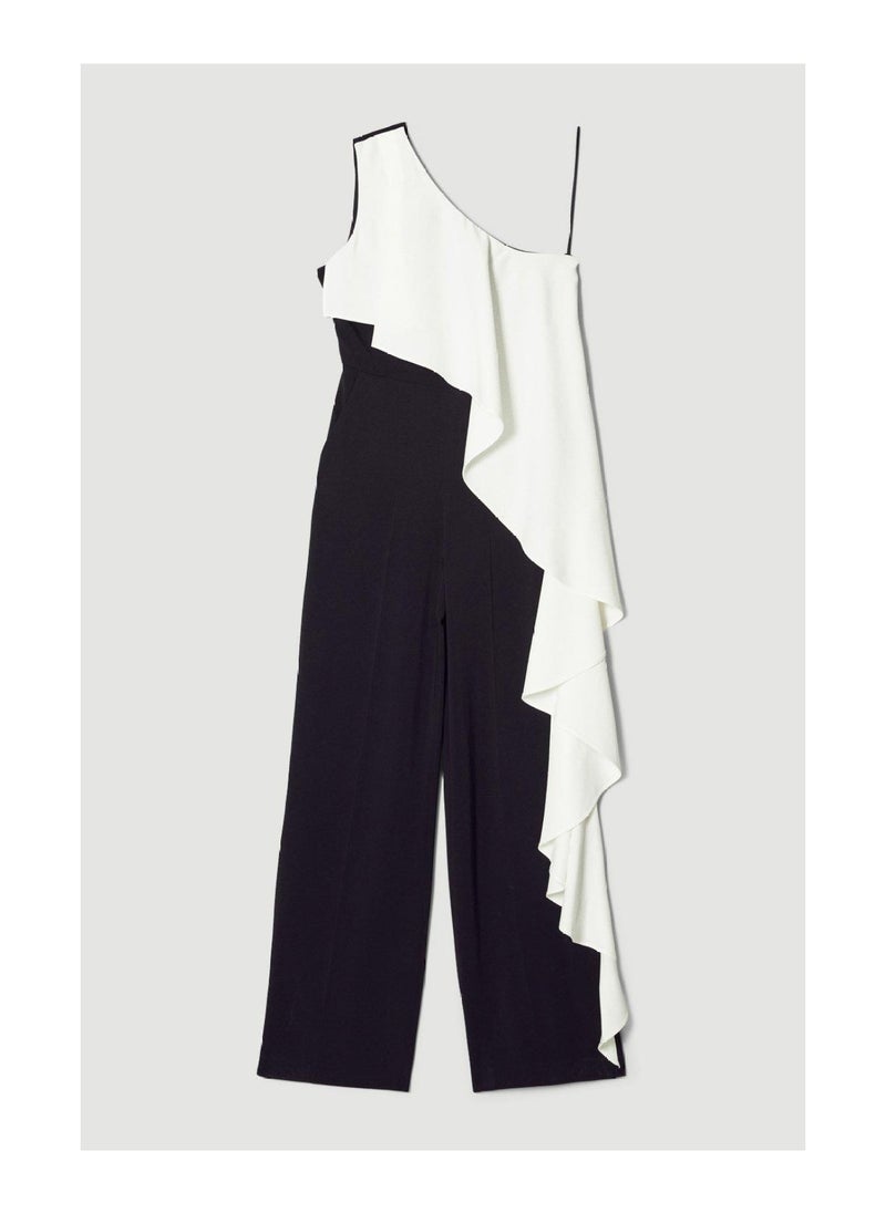 Compact Viscose One Shoulder Ruffle Jumpsuit