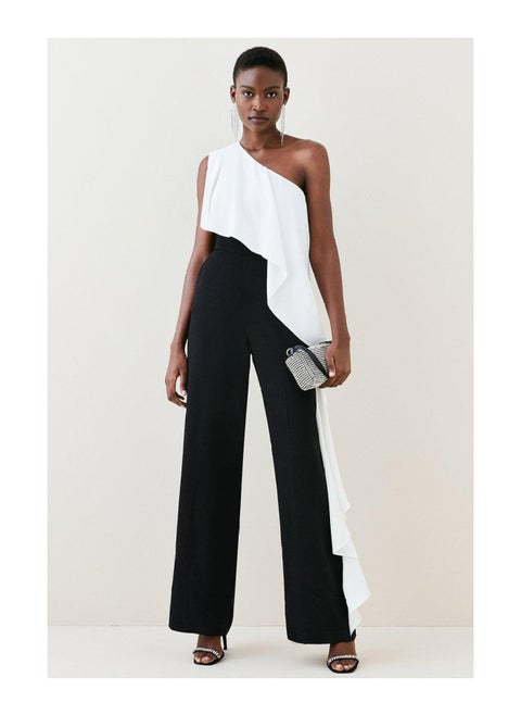 Compact Viscose One Shoulder Ruffle Jumpsuit