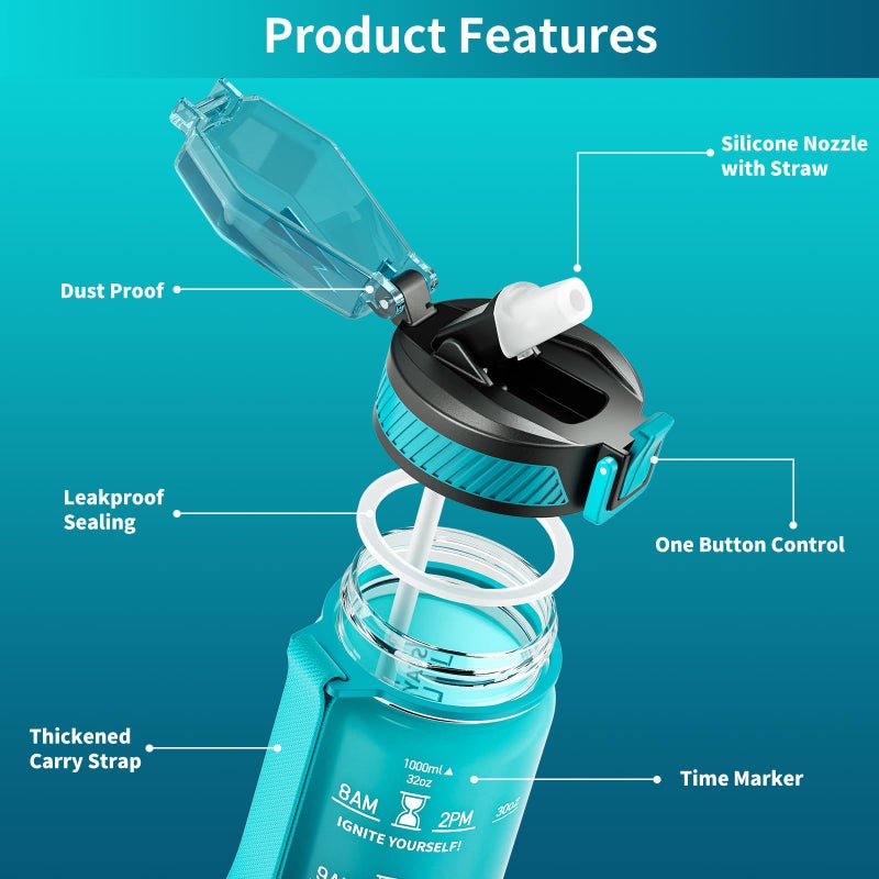 QLUR Water Bottle with Straw, 32oz Motivational Water Bottles with Time Marker to Drink, Tritan BPA Free, 1L Sports Water Bottle with Carry Strap LeakProof for Women Gym Fitness Outdoor (1 Pack) - Image 5