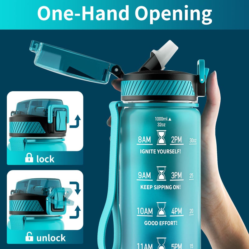 QLUR Water Bottle with Straw, 32oz Motivational Water Bottles with Time Marker to Drink, Tritan BPA Free, 1L Sports Water Bottle with Carry Strap LeakProof for Women Gym Fitness Outdoor (1 Pack) - Image 3