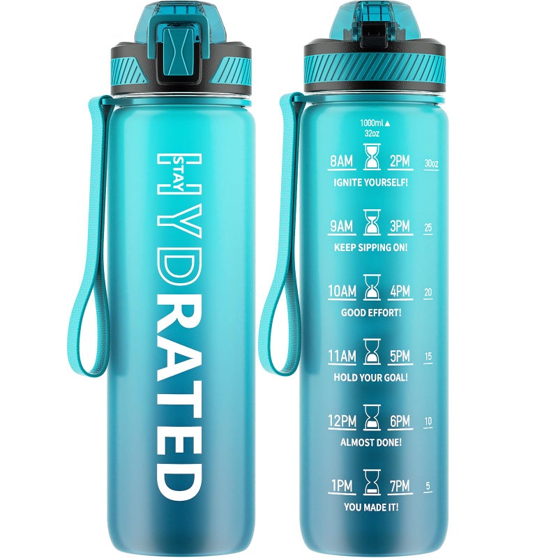 QLUR Water Bottle with Straw, 32oz Motivational Water Bottles with Time Marker to Drink, Tritan BPA Free, 1L Sports Water Bottle with Carry Strap LeakProof for Women Gym Fitness Outdoor (1 Pack) - Image 1