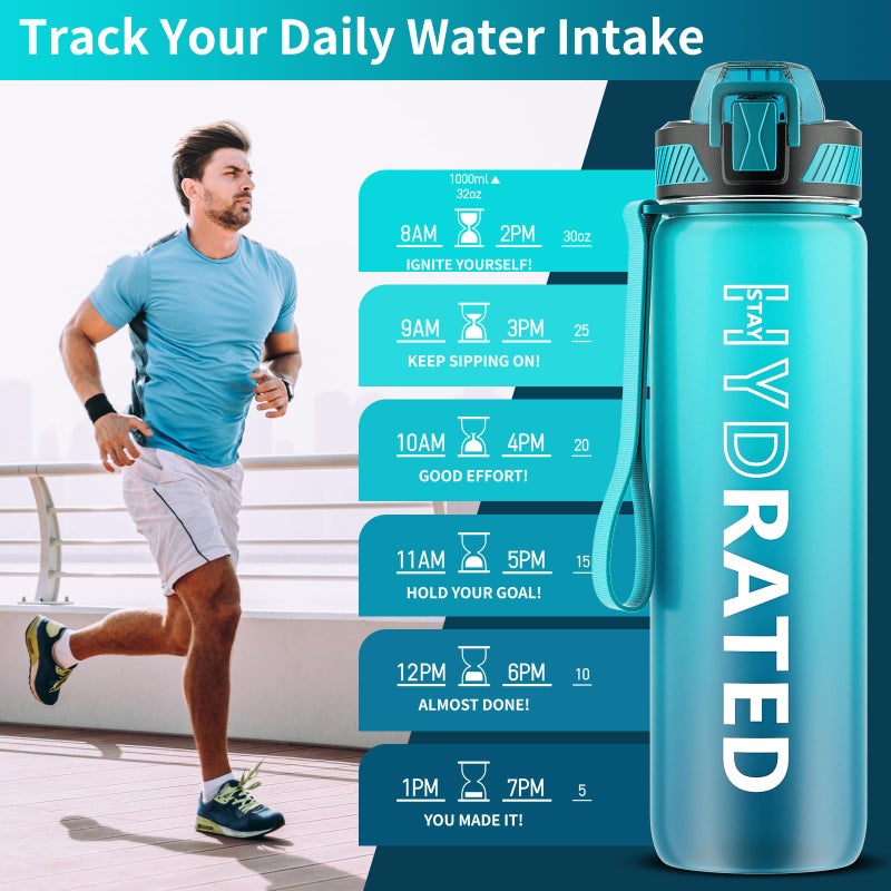 QLUR Water Bottle with Straw, 32oz Motivational Water Bottles with Time Marker to Drink, Tritan BPA Free, 1L Sports Water Bottle with Carry Strap LeakProof for Women Gym Fitness Outdoor (1 Pack) - Image 2