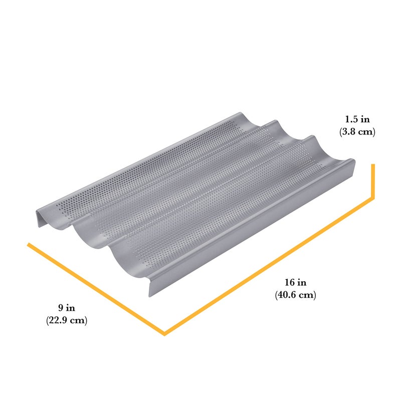 Chicago Metallic Commercial II Non-Stick Perforated Baguette Pan. Creates a crisp, golden-brown crust, 16 L x 9 W x 1.5 H - Image 2