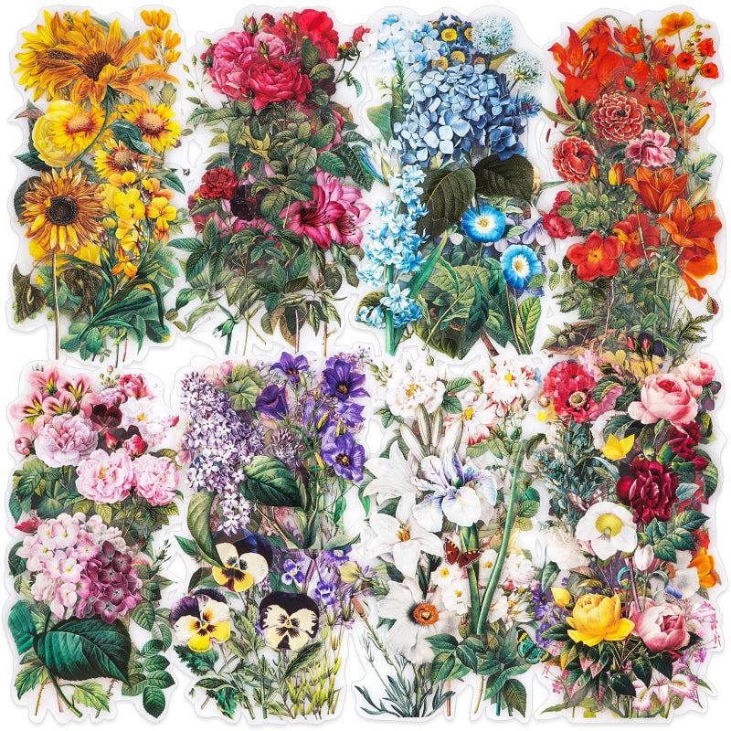 Knaid 100 Pieces Vintage Flower Stickers Set Big 34 Waterproof Clear Botanical Floral Journaling Sticker for Scrapbooking Junk Journal Supplies Bullet Journals Planner Collage Laptop Paper Crafts
