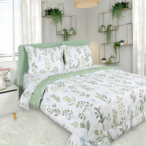 DILIMI Twin Comforter Set for Girls, Reversible 5 Pieces Comforter Twin Size Bed, Green Leaf Ultra Soft Twin Bedding Sets with Comforter, Flat Sheet, Fitted Sheet, 2 Pillowcase - Image 1