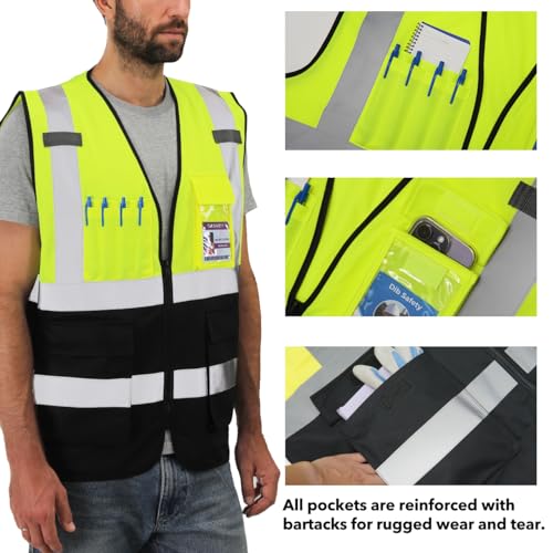 Dib Safety Reflective Vest High Visibility with Pockets and Zipper, Yellow and Black S - Image 4