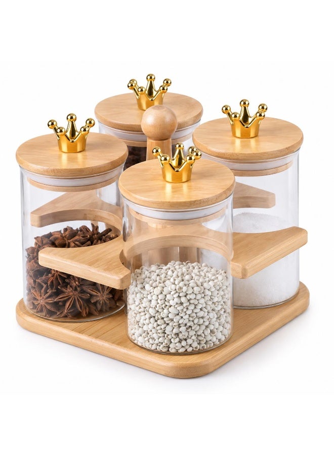 4-piece glass spice set on a wooden stand