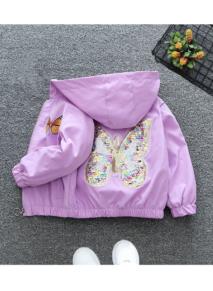 Girls Versatile Spring Jacket 2024 New Fashionable Hoodie Flash erfly Jacket Purple