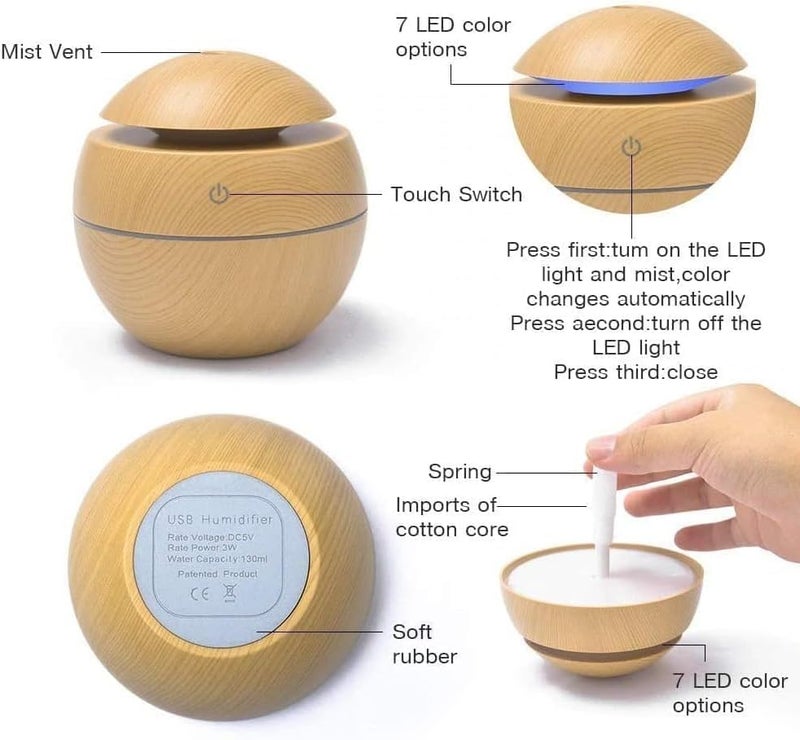 فيرست مرطب خشبي USB، ناشر عطور بالموجات فوق الصوتية، إضاءة LED بسبعة ألوان، سعة 130 مل، تشغيل هادئ 35 ديسيبل، للمنزل والمكتب - Image 2
