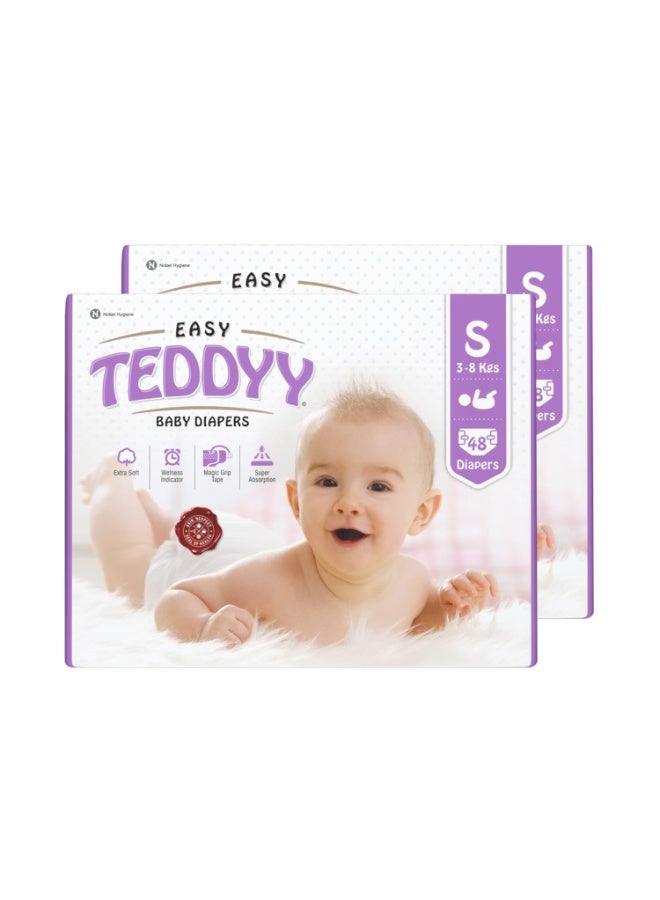 TEDDYY Easy Baby S Size Diaper Tape Style |48 Count (Small) | 3-8 kgs (Pack of 2)|Quick Absorbency | Extra Super Soft |Anti - Bacterial |Colour Changing Wetness Indicator with Adjustable Grip Tapes