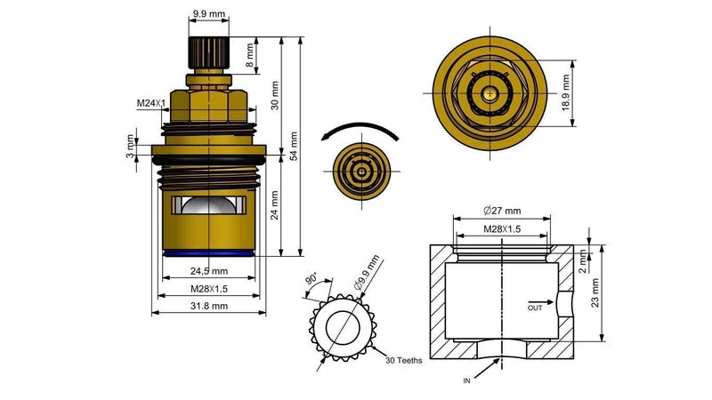 NEW WARE Ceramic Disk Fitting Brass FLT Type 28 x 1.5 Spindle Tap Cartridge Inner Repair Part Pack of 4 - Image 2