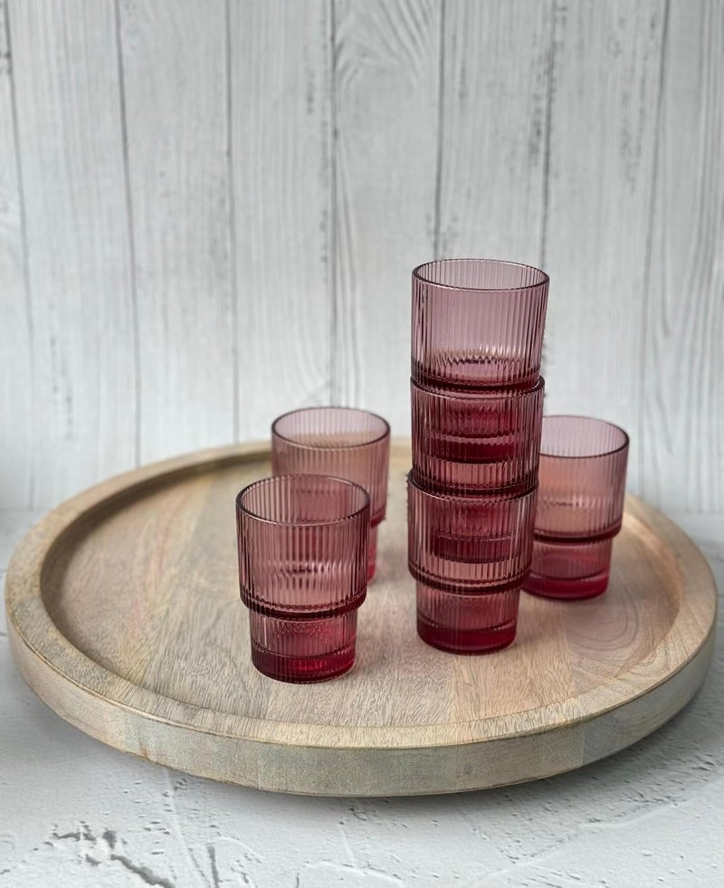 Medini Juice and Water Glass Stylish Crystal Highball Drinking Glasses Medium Size Tumbler Glasses for Juice Water Milk lassi Cocktails and Sharbat Ribbed Set Rose Pink 