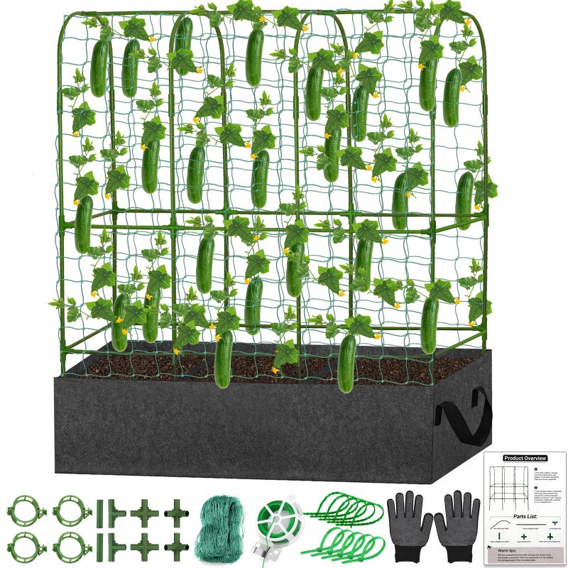 LifeisLuck U-Shape Cucumber Trellis with Fabric Raised Garden Bed 65x50 Inch Metal Garden Arch Trellis with Net, Climbing Plants Vegetables Heavy-Duty Outdoor Plant Support for Pea, Grape, Squash, Tomatoes - Image 1