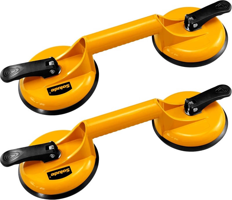 SOLUDE 2 Pack Glass Suction Cup,Aluminium Heavy Duty Vacuum Lifter for Moving Glass/Window/Tiles/Mirror/Granite,Double Gripper Sucker Plate,Yellow - Image 1