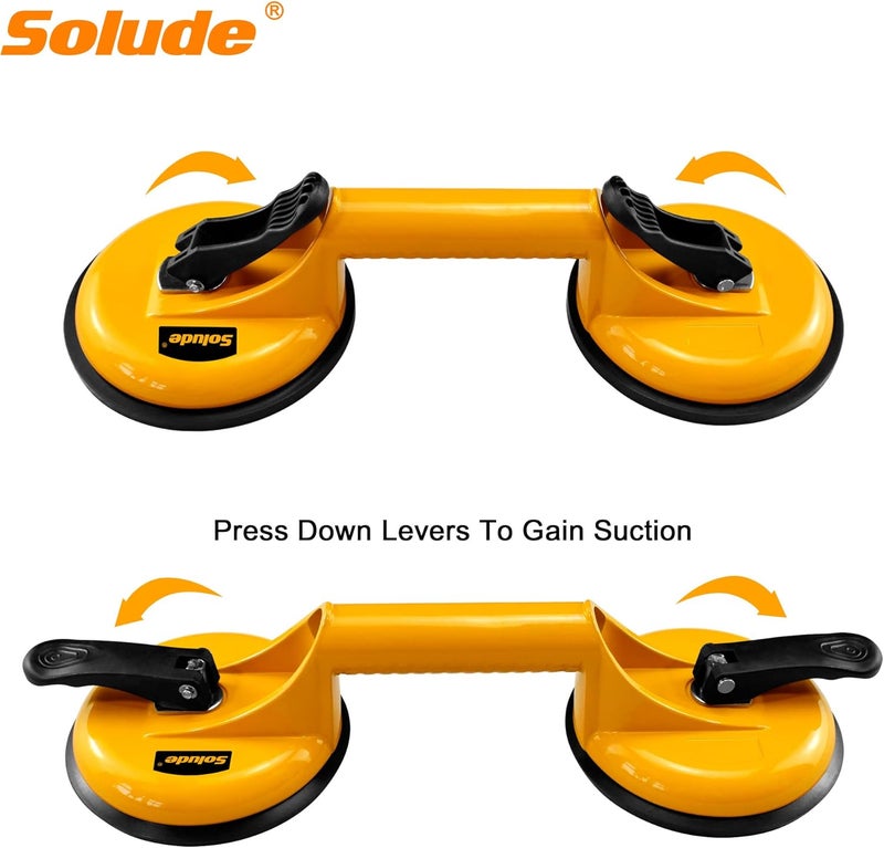 SOLUDE 2 Pack Glass Suction Cup,Aluminium Heavy Duty Vacuum Lifter for Moving Glass/Window/Tiles/Mirror/Granite,Double Gripper Sucker Plate,Yellow - Image 2