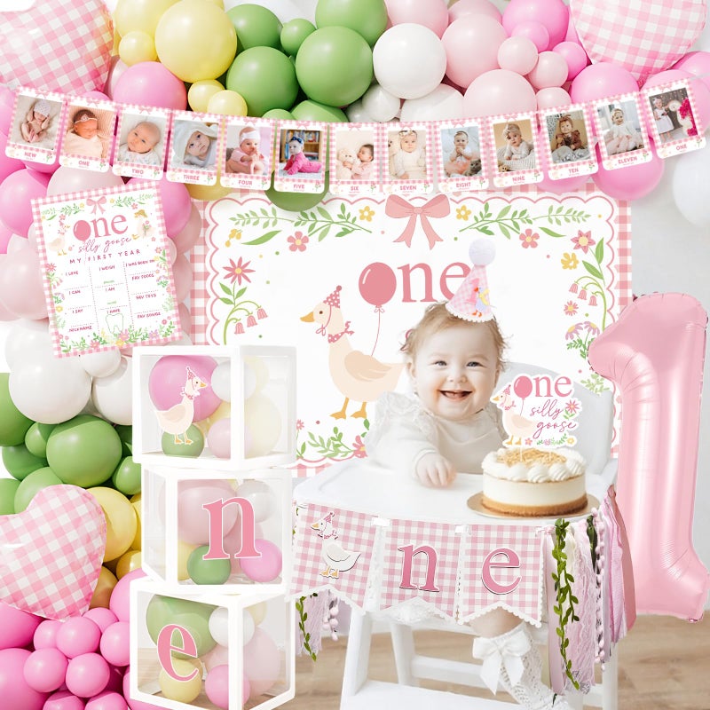 Tenshun One Silly Goose Birthday Decorations, Pink Silly Goose First Birthday for Girls, Goose 1st Highchair Banner Balloon Garland Box Monthly Photo Cake Topper Hat Poster for Girls Funny Party Supplies - Image 2