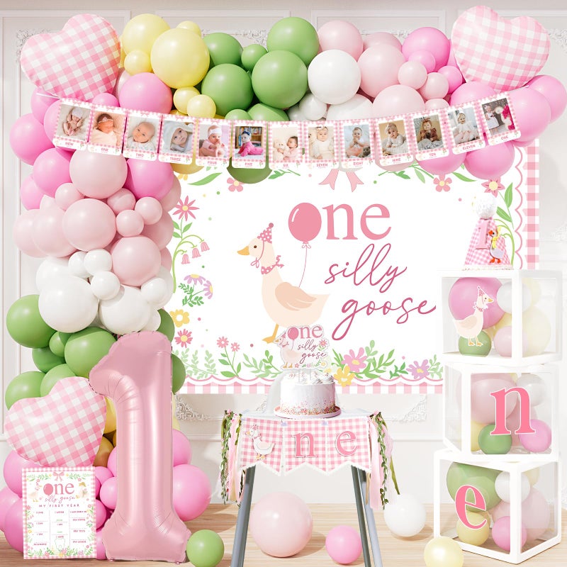Tenshun One Silly Goose Birthday Decorations, Pink Silly Goose First Birthday for Girls, Goose 1st Highchair Banner Balloon Garland Box Monthly Photo Cake Topper Hat Poster for Girls Funny Party Supplies - Image 1