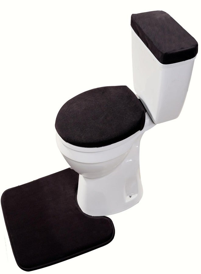 Madeals Velvet Toilet Lid Cover and Tank Lid Cover with Memory Foam Toilet Mat 3 Piece Toilet Contour Mat Set Black - Image 2