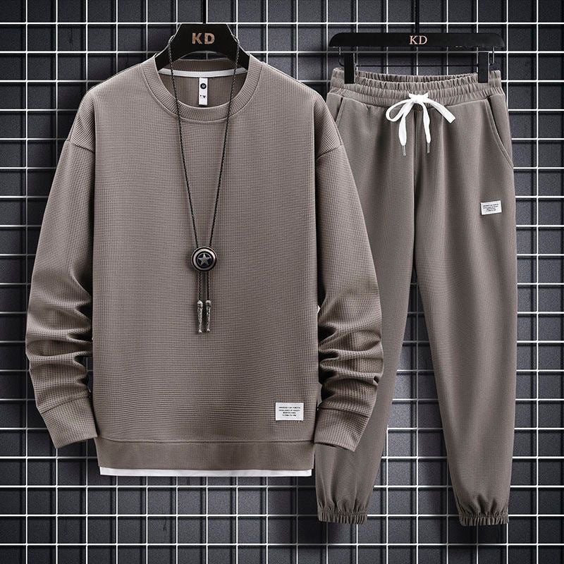 Spring and Autumn New Round Neck Waffled Casual suit Sweat Mens Fashionable Simple Loose All-match Two-piece Set brown 