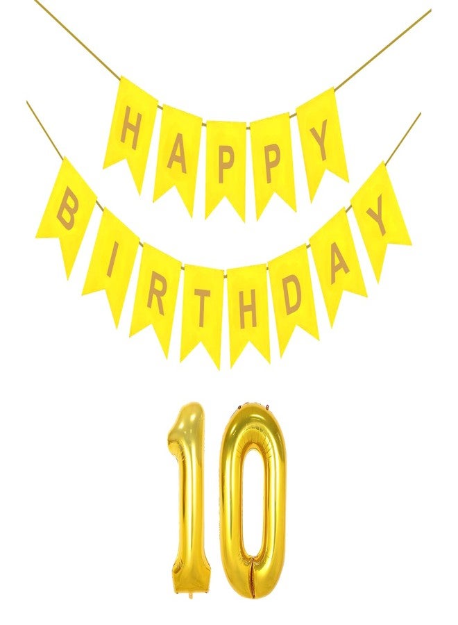 Flyloons 10th Yellow Colour Happy Birthday Banner Decoration Kit for 10 year Old Boys Girls Kids | with Number Ten | 13 Pcs Reusable Cardstock Happy Birthday Paper Banner