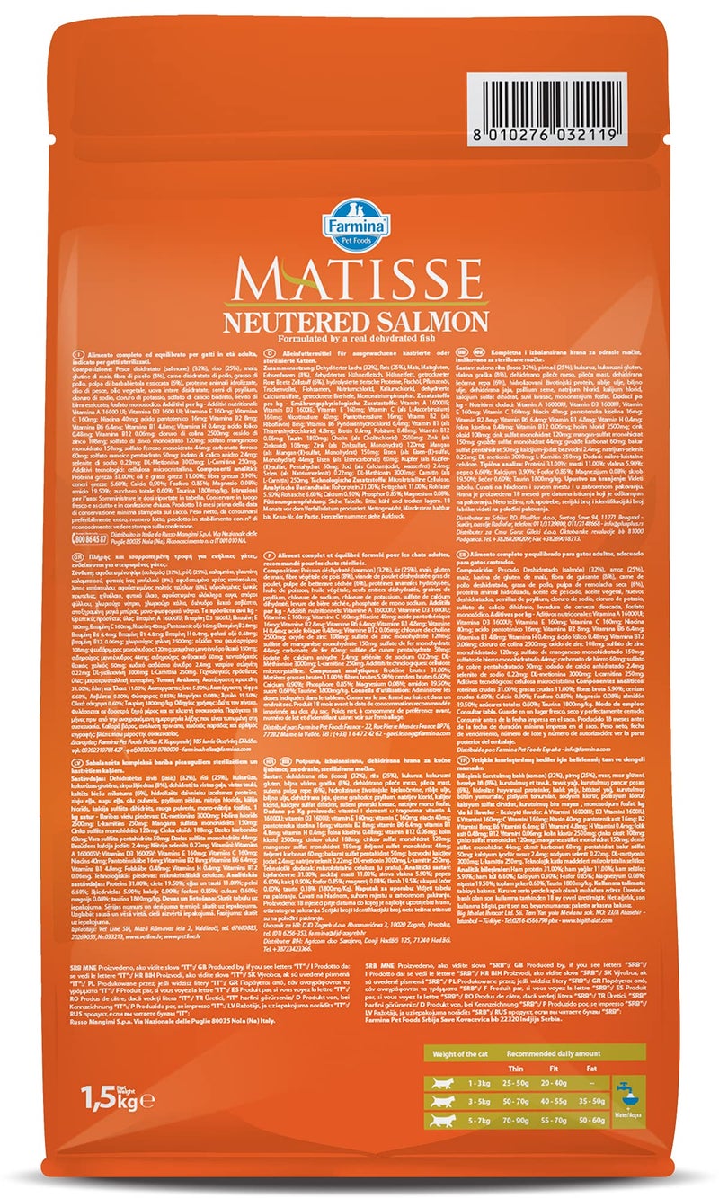 Matisse Farmina Pet Foods Dry Cat Food, Neutered Adult, 1.5-Kg, Salmon - Image 2