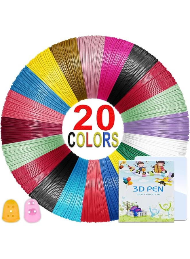 3D Pen PLA Filament, 20 Colors 3D Printing Refills 1.75mm with 3D Printing Drawing Book & 2 Finger Caps, Total 60 Meter, Compatible with SCRIB3D MYNT3D 3D Pen, Not Suitable for 3Doodler