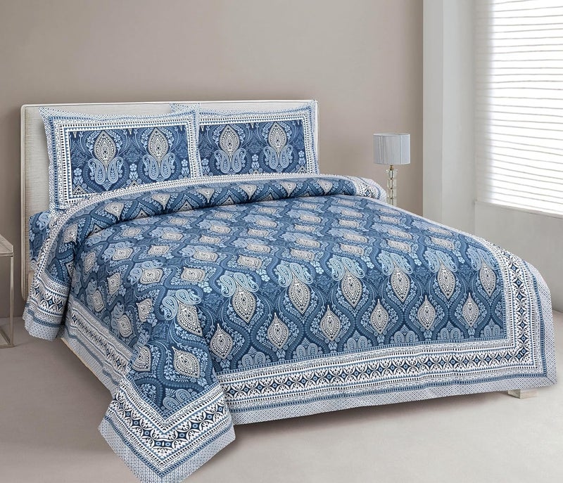 elanorhomes Hand Block Printed 180TC 100% Cotton King Bedsheet | 93x108 Inches | 2 Pillow Covers (Mughal Indigo Garden) - Image 2