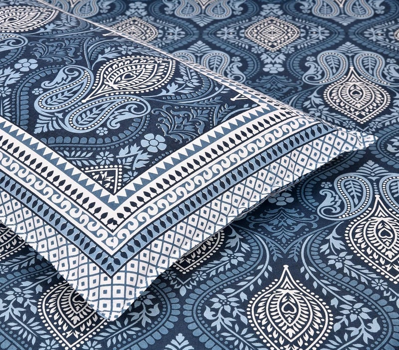 elanorhomes Hand Block Printed 180TC 100% Cotton King Bedsheet | 93x108 Inches | 2 Pillow Covers (Mughal Indigo Garden) - Image 1