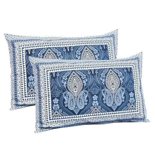 elanorhomes Hand Block Printed 180TC 100% Cotton King Bedsheet | 93x108 Inches | 2 Pillow Covers (Mughal Indigo Garden) - Image 5