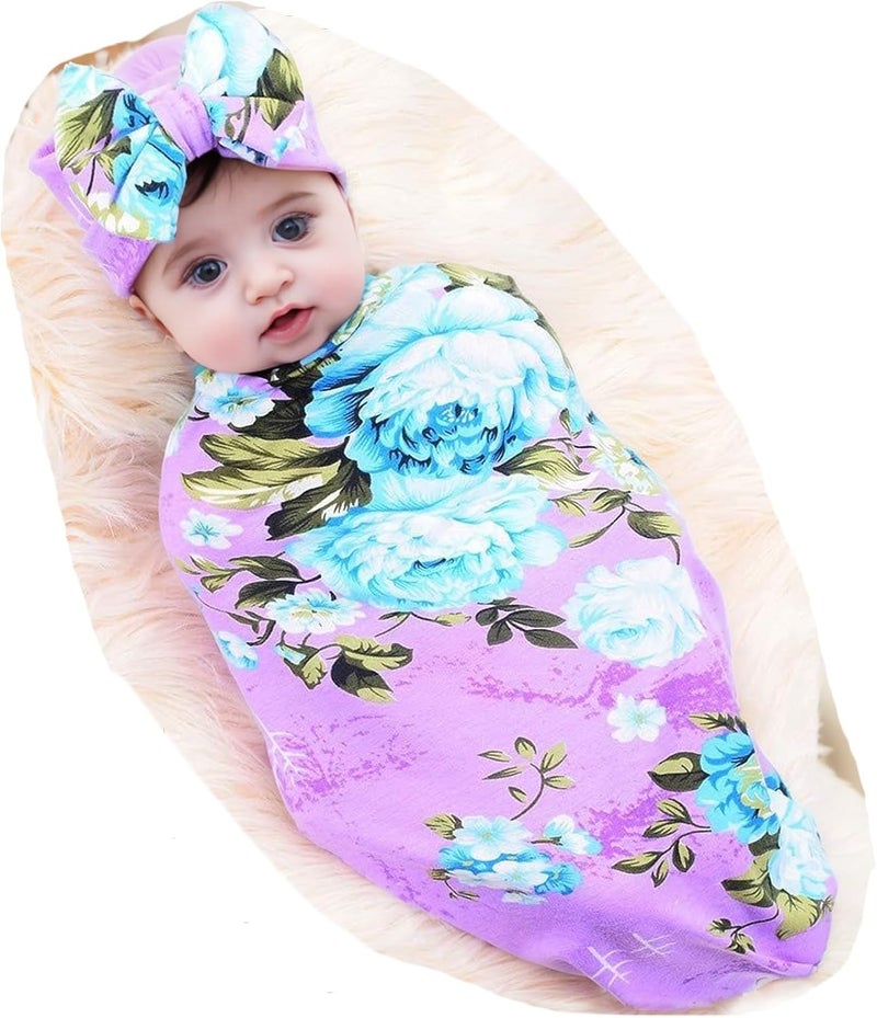 Galabloomer Newborn Baby Sleep Receiving Blanket and Bow Headband Set Baby Swaddle Blanket - Image 1