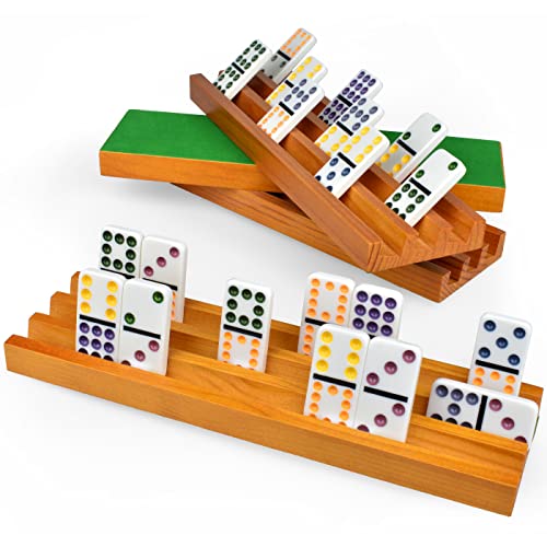 Queensell Domino Holders for Classic Board Games Wooden Domino Racks Set of 4 Mexican Train Dominoes Accessories Domino Trays for Tiles Family Games Large - Image 1