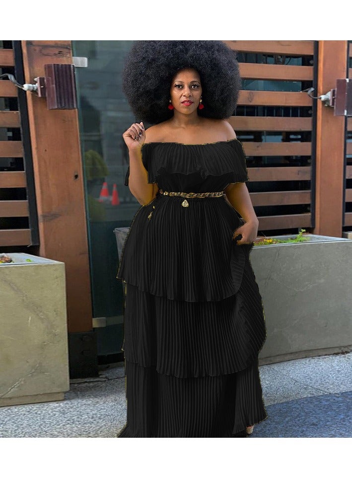 NIBEMINENT Party Dress Women Solid Off Shoulder Pleated Fashion Chiffon Elegant Maxi Dresses - Image 1