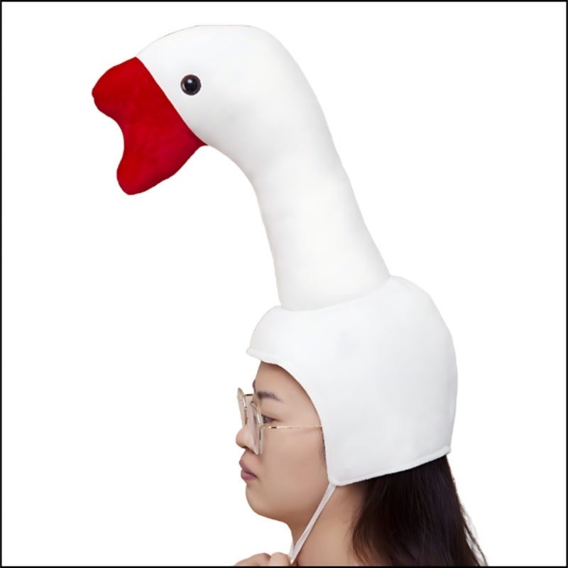White Plush Goose Headgear: Universal 1 Size Fits Most Adults And Children - High-Quality Safe PP Cotton Filler Soft Plush For Durable Comfort - Unique Eye-Catching Cartoon Design For Christmas Winter - Image 1