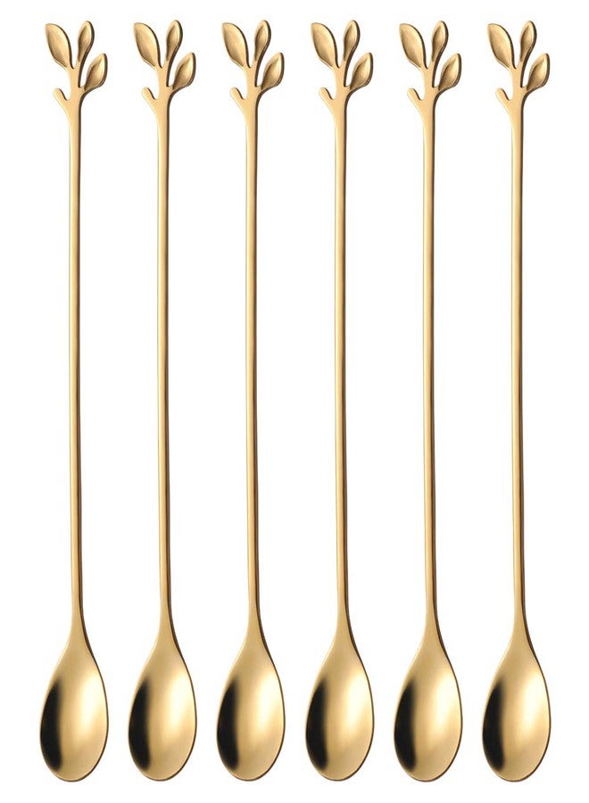 AnSaw 6-Piece Elegant Gold Leaf Long Handle Teaspoons - 7.4" Stainless Steel Stir Spoons for Coffee & Tea, Perfect for Mixing & Stirring - Image 1