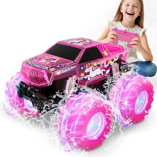 Drefirsa Pink Monster Truck Unicorn Remote Control Car 4WD All Terrain OffRoad Girl RC Truck with Colorful Light Waterproof Remote Car Toy for 6 7 8 9 10 11 12 Year Old Girl Birthday Gift - Image 1