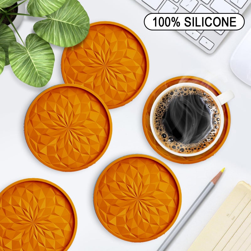 ME.FAN Silicone Coasters with Holder,[6 Pack] Drinking Coasters - Cup Mat for Hot or Cold Drinks, Thickened, Non-Slip, Non-stick,Deep Tray Orange - Image 2