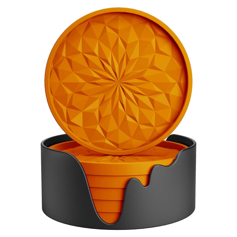 ME.FAN Silicone Coasters with Holder,[6 Pack] Drinking Coasters - Cup Mat for Hot or Cold Drinks, Thickened, Non-Slip, Non-stick,Deep Tray Orange - Image 1