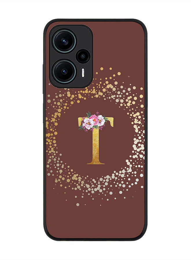 Stylizedd Rugged Black edge case for Xiaomi Poco F5 5G / Xiaomi Redmi Note 12 Turbo 5G Flexible Rubber Edges Anti Drop TPU Cover - Monogram Letter Floral Pattern - T (Brown) - Image 1