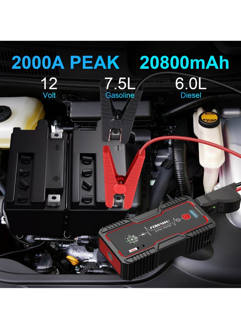 فواوو فاواو بطارية جامب ستارتر للسيارة 20800mAh 2000 امبير، مقاومة للماء (7.5 لتر غاز، 6.0 لتر ديزل)، بطارية قابلة للحمل مع USB / تيار مستمر 12 فولت/ضوء LED - Image 2