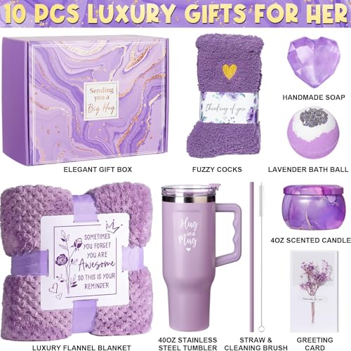 Qinline Birthday Gifts for Women Self Care Gifts Get Well Soon Gifts, Lavender Relaxing Spa Gifts Basket Care Package w/ Flannel Blanket 40 OZ Tumbler, Christmas Gifts for Mom Wife Grandma Friends Sisters Her - Image 2