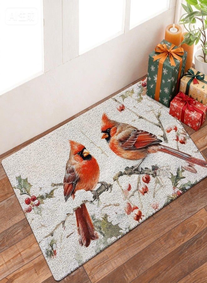 KBRCT Winter Cardinal Christmas Door Mat Outdoor Indoor Entrance Entryway, Rustic Red Bird Holly Berries Christmas Doormat Inside Outside, Xmas Winter Bird Welcome Mats for Front Door, 17x30 Inch - Image 1