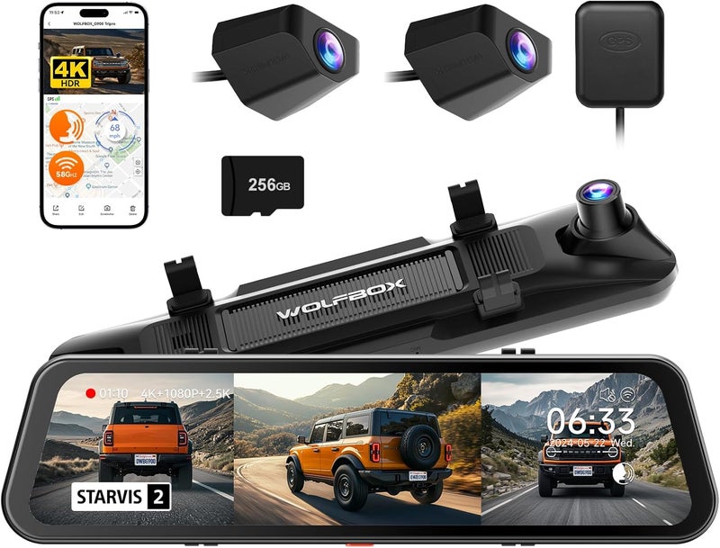 WOLFBOX G900 Tripro 4K Mirror Dash Cam with STARVIS 2 Night Vision, 3 Channel Recording, 256GB Card & GPS - Image 1