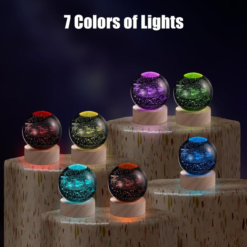 HASTHIP 3D Solar System Crystal Ball Night Light, 7 Colors Change Glass Ball Lamp with LED Light Wooden Base, Solar System Lamp for Bedroom Home Decor, Birthday Astronomy Space Gifts for Kids Friend - Image 4