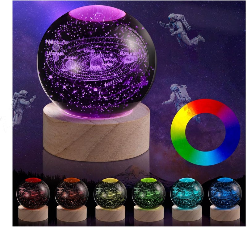 HASTHIP 3D Solar System Crystal Ball Night Light, 7 Colors Change Glass Ball Lamp with LED Light Wooden Base, Solar System Lamp for Bedroom Home Decor, Birthday Astronomy Space Gifts for Kids Friend - Image 1