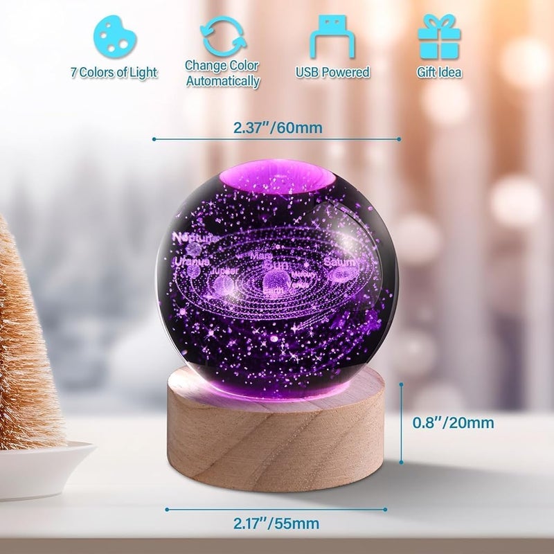 HASTHIP 3D Solar System Crystal Ball Night Light, 7 Colors Change Glass Ball Lamp with LED Light Wooden Base, Solar System Lamp for Bedroom Home Decor, Birthday Astronomy Space Gifts for Kids Friend - Image 2