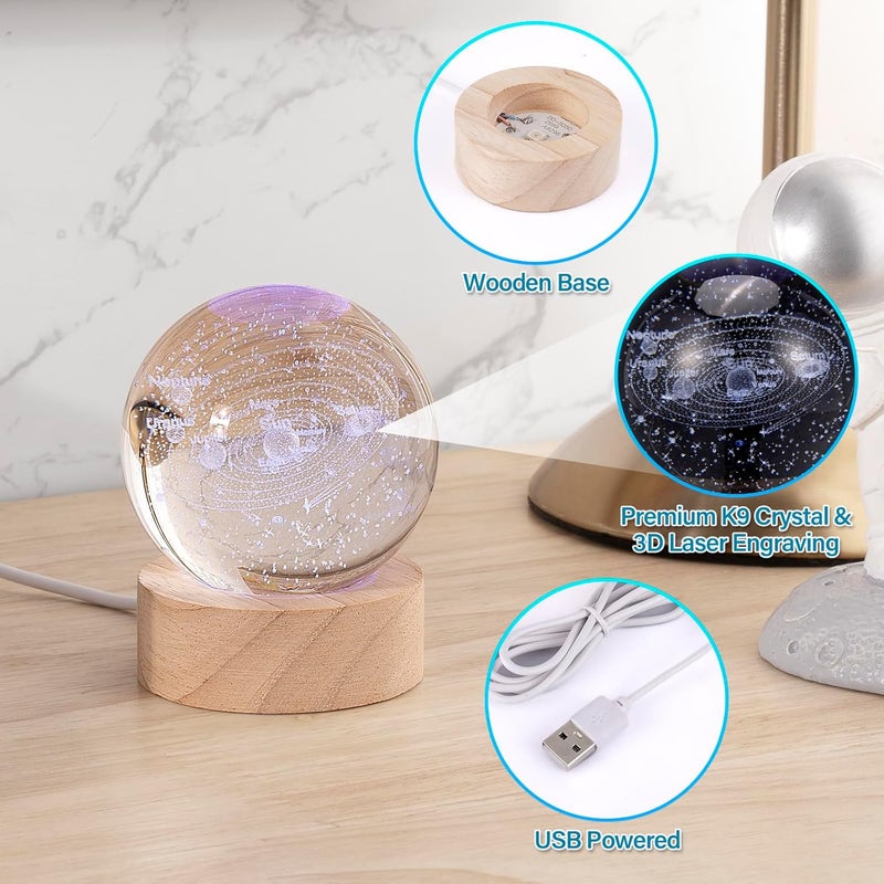 HASTHIP 3D Solar System Crystal Ball Night Light, 7 Colors Change Glass Ball Lamp with LED Light Wooden Base, Solar System Lamp for Bedroom Home Decor, Birthday Astronomy Space Gifts for Kids Friend - Image 3