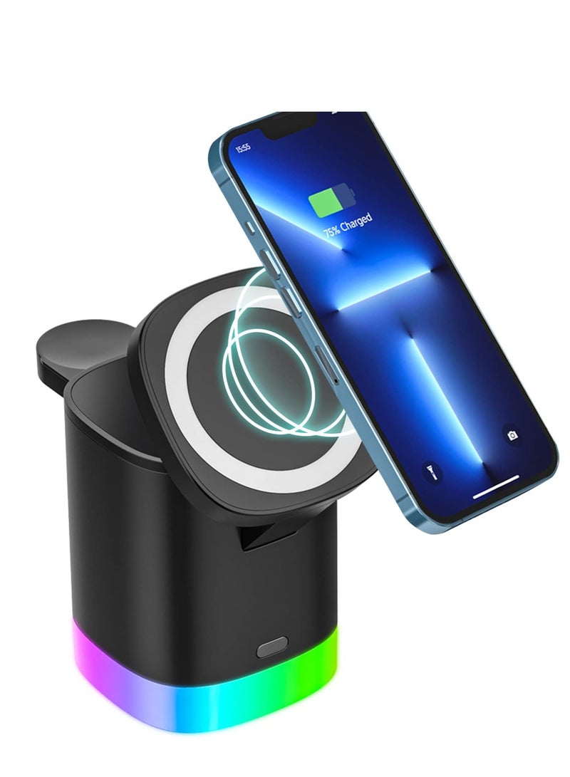 Barakah Magnetic Wireless Charger 4 in 1-15W Wireless Charging Station for Multiple Devices,Mag-Safe Charger Stand for iPhone 12 13 Pro/Max/Mini, AirPods, Apple Watch, Wireless Charging with RGB Night Light - Image 1